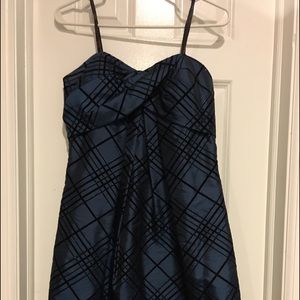 Iridescent blue/ black velvet strapless dress